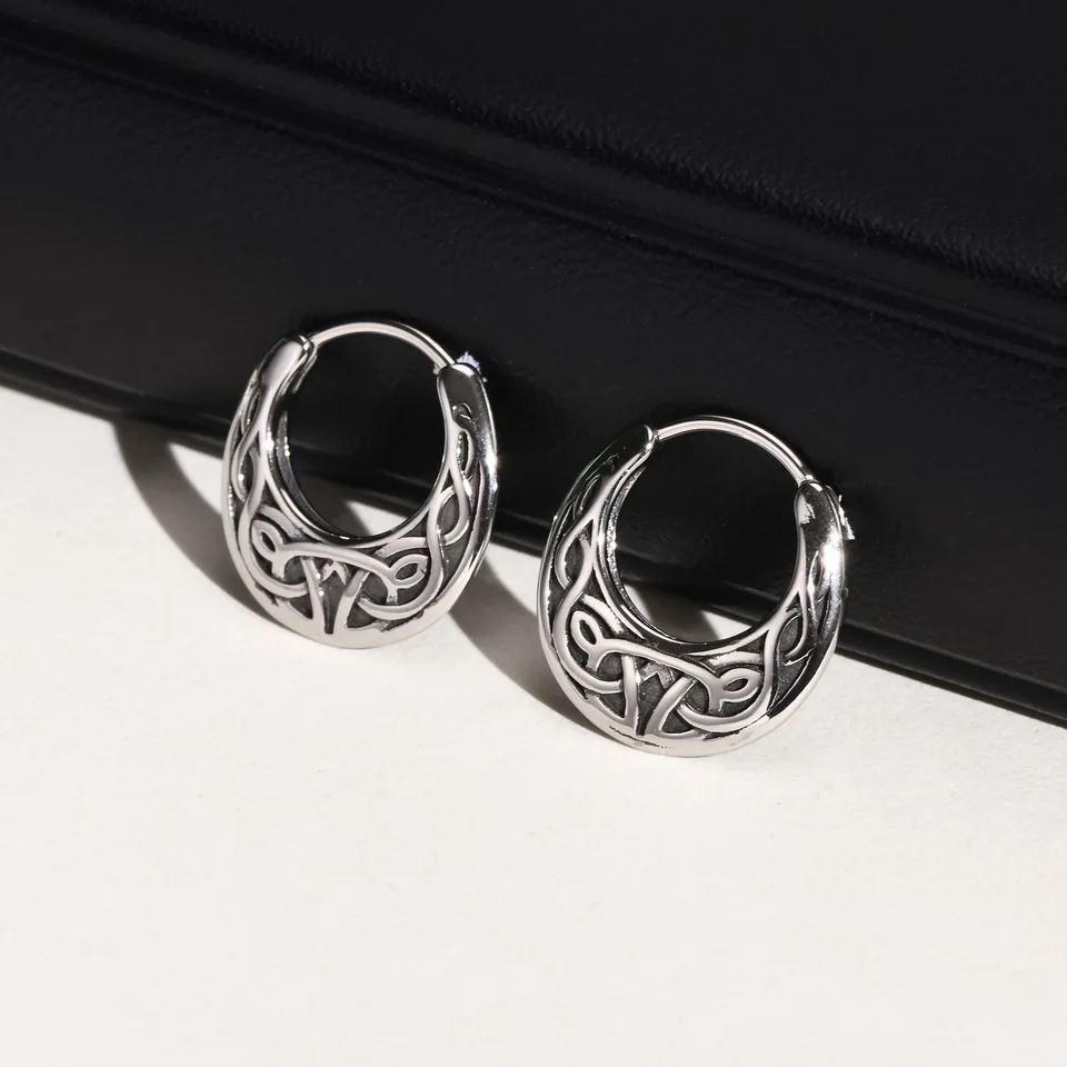Flongo Orecchini a cerchio in stile nordico vichingo: da uomo e da donna, in acciaio inox, stile vintage, con rune, regalo per marito, fidanzato, fratello, Acciaio inossidabile