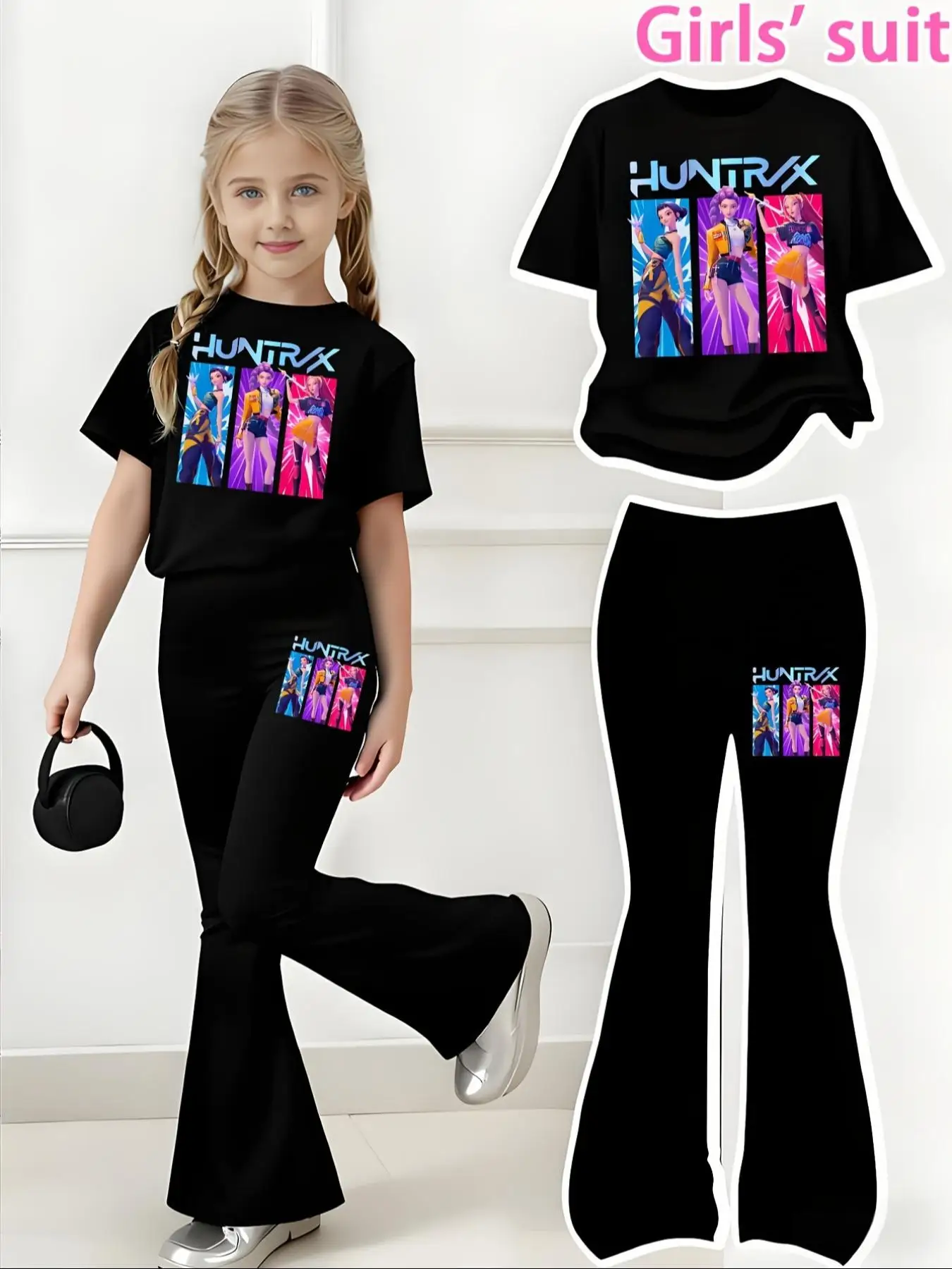 Girls Casual Sports Short-Sleeve and Bell-Bottom Pants Set Three-Girl Group Pattern Print Trendy Brand Sportswear Comfortable Elastic Waist Pants Comfortable Going Out Versatile