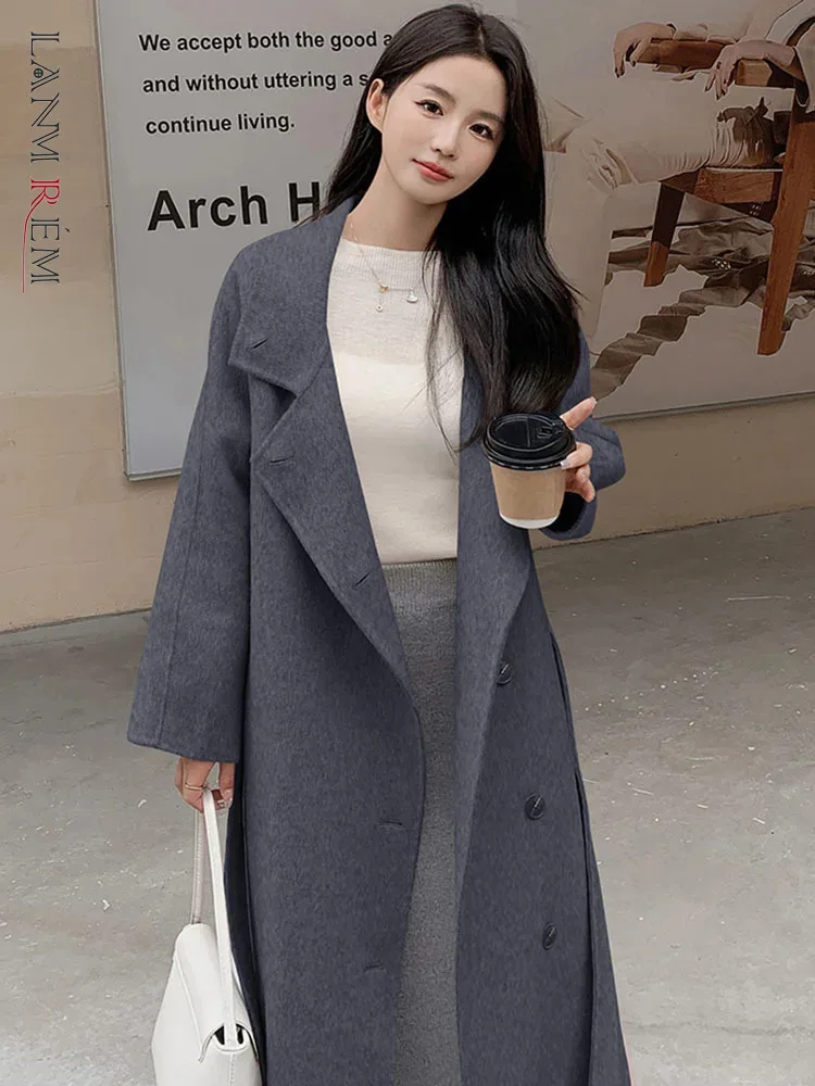 

LANMREM Korean Style Long Woolen Coat Women Lapel Solid Belt Gathered Waist Single Breasted Clothing 2023 Winter New 2AA3536