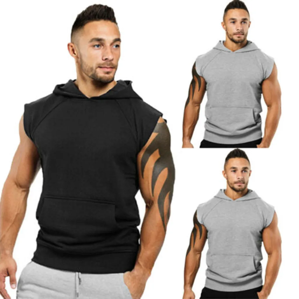 

Fashio Men Hooded Tank Top Solid Color Short Sleeve Vest Tops with Pocket O-neck Slim Fit Male Fitness Tank Vest Sports Tee Tops