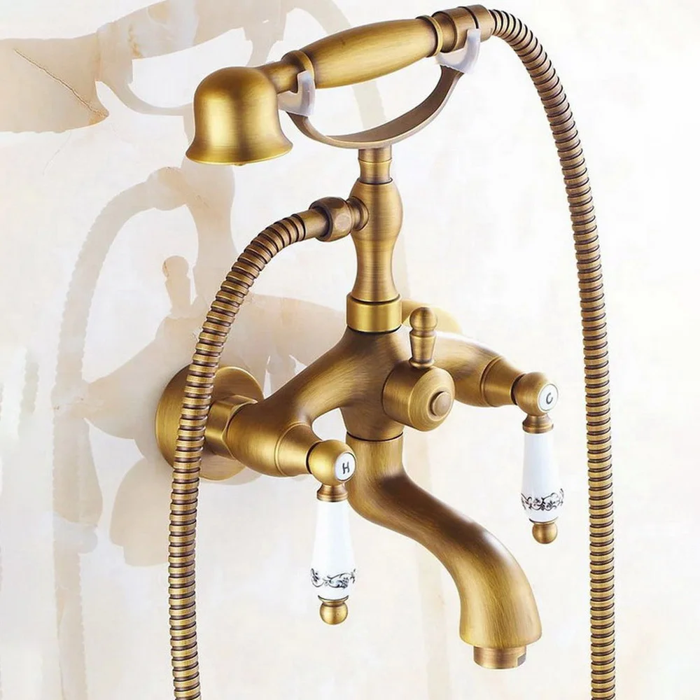 

Antique Brass Wall Mounted Bathroom Bath Tub Faucet Set WITH/ 1.5M Handheld Shower Spray Head Mixer Tap Dtf313