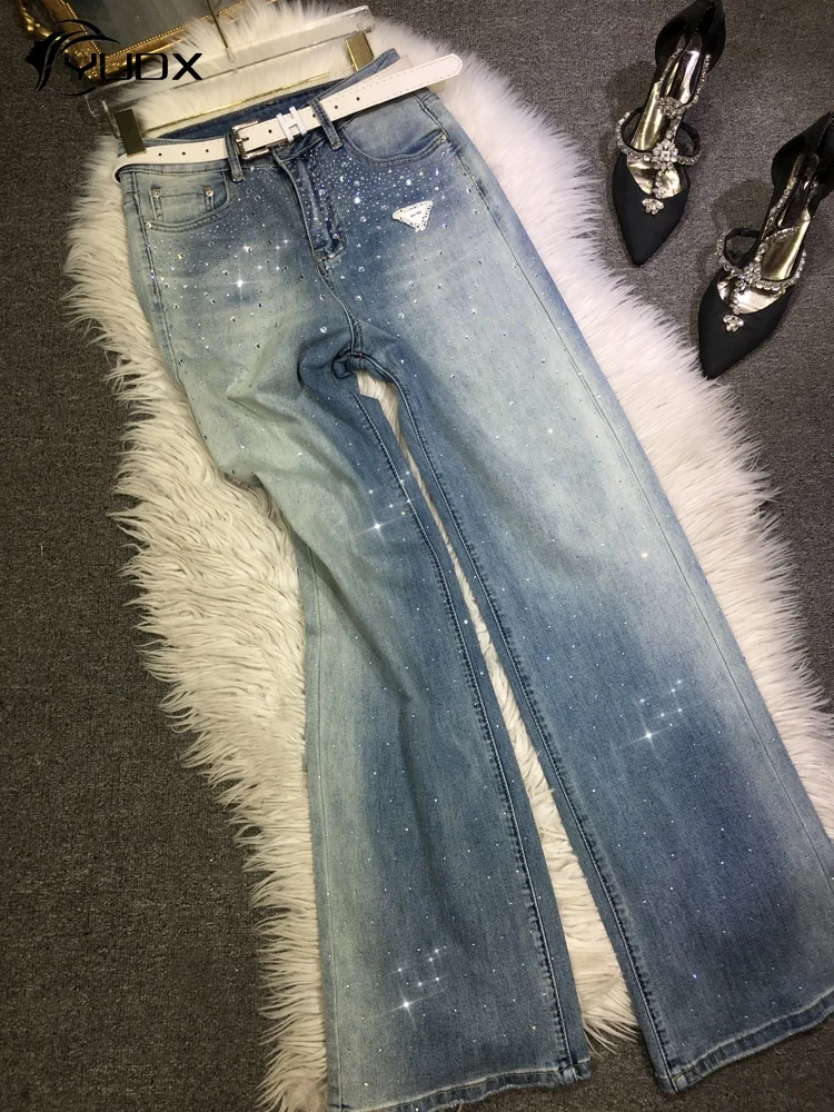 

YUDX Babysbreath Hot Drill Light Blue Jeans Women New Spring Summer Loose Straight Pants Diamonds High Waist Long Denim Tousers