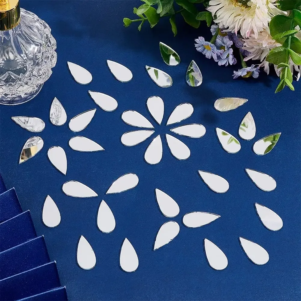 100 Acrylic Wall Stickers Raindrops And Leaves Shape Self-Adhesive Mini Mirror Tiles DIY Art Wall Doors Home Decor