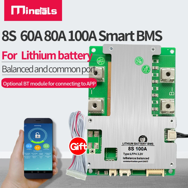 8S smart BMS support Bluetooth 7S 24V 10S 36V li ion LiFePo4 common port with intelligent upper computer 100A protection board