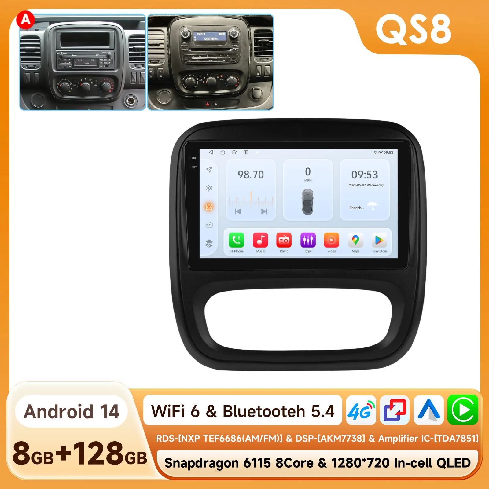 Autoradio Android 9 Pouces Pour Opel Vivaro B 2014-2018 / Renault Traffic 3 2014-2021 - 4G+64G, GPS, CarPlay/Android Auto Sans Fil, Bluetooth, RDS, DSP - Écran Tactile 2 DIN