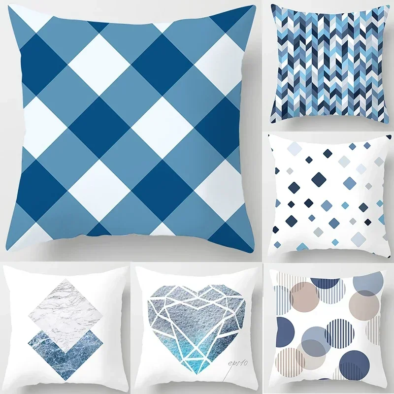 

Blue Plaid Throw Pillow Cover Geometric Cushion Cover 45X45cm Home Decorative For Sofa Seat Polyester Pillowcases