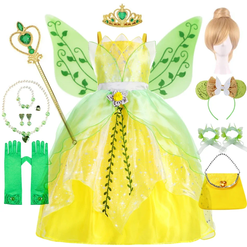 Tiana Dress Girl Princess Costume Cosplay Halloween Deluxe Tulle Dress Summer Theme Party Birthday Outfit