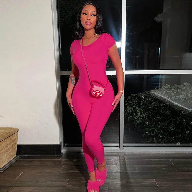 Women's solid color short sleeve backless slim fit fitness jumpsuit