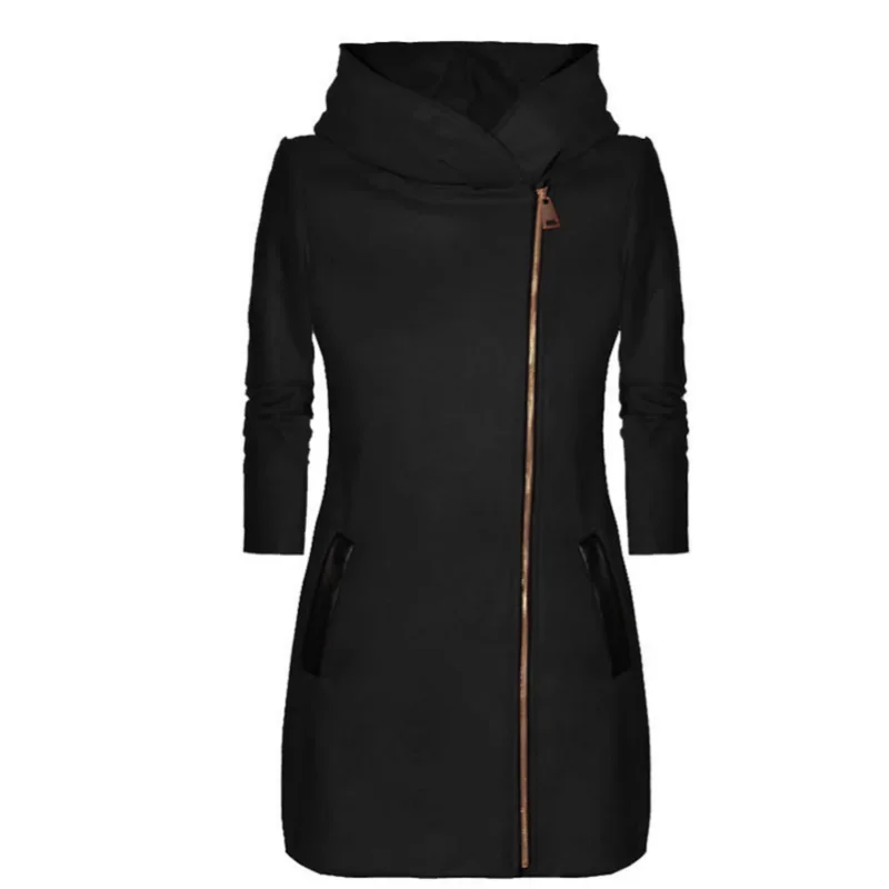 2022 New Womens Winter Jacket Coat Fashion Women Zipper Mid-Length Coat for Spring Fall Solid Color Long Sleeve Hooded Coat