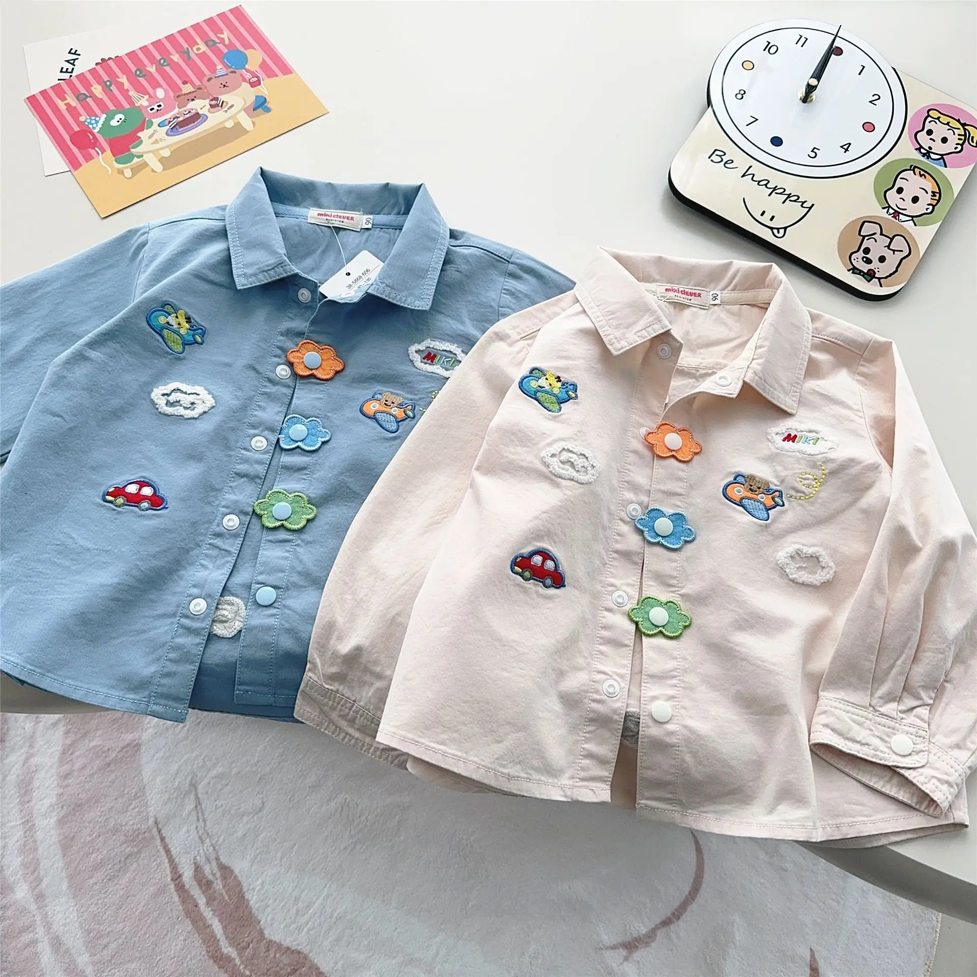 Japanese Children's Clothing 25 Spring New Item Men's And Women's Lapel Embroidery Loose Teddy Bear Flying Cartoon Shirt