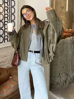 KONDALA Casual Soft Martini Green Bomber Jackets Women Long Lantern Sleeve Oversized Autumn Winter Coats Fashion 2025 Outwears - Image 3