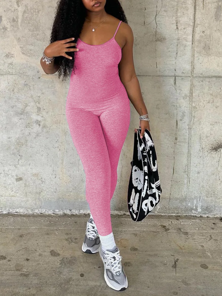 Mono ajustado con tirantes finos y escote en U, sin mangas, liso, ajustado, elástico, sencillo, mono largo para mujer.