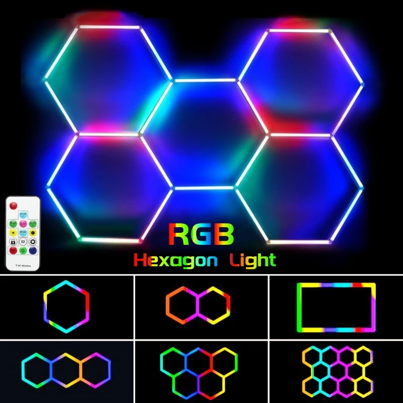 RGB Hexagon LED Garage Light Ceiling Honeycomb Detailing Panel Lamp Auto Car Shop Repair Wash Workshop Bar Tube Lamp With Remote