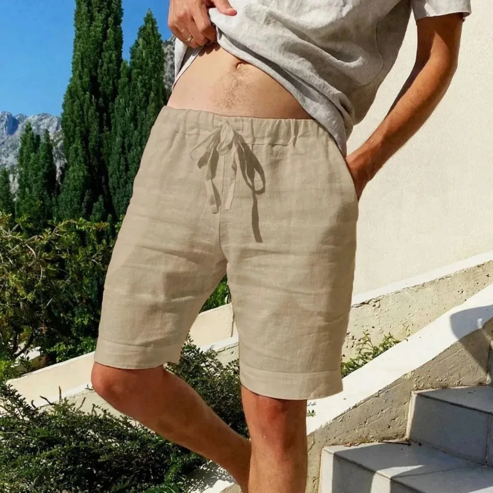 Short en coton et lin respirant pour homme, pantalon de plage hawaïen, solide, document fjadt, streetwear polyvalent, été, nouveau