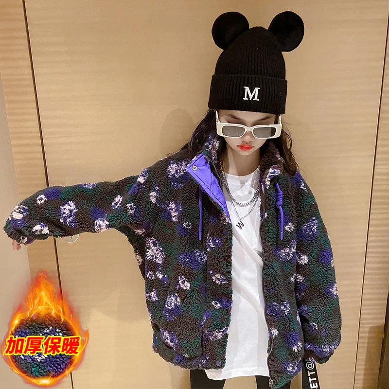 

New Thick Warm Jacket for Teens Autumn Winter Fashion Casual Wool Coats Flower Print Tops for Girls Children's Clothing 4-14 Yrs