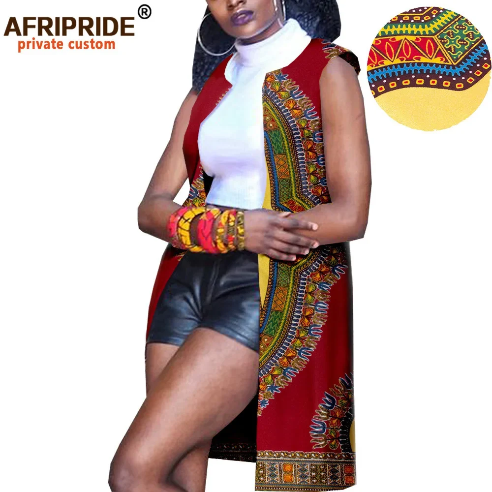 2025 African Clothes for Women Casual Coats Dashiki Ankara Jacket Sleeveless O-neck Knee Length Cotton Coat for Women A1824006
