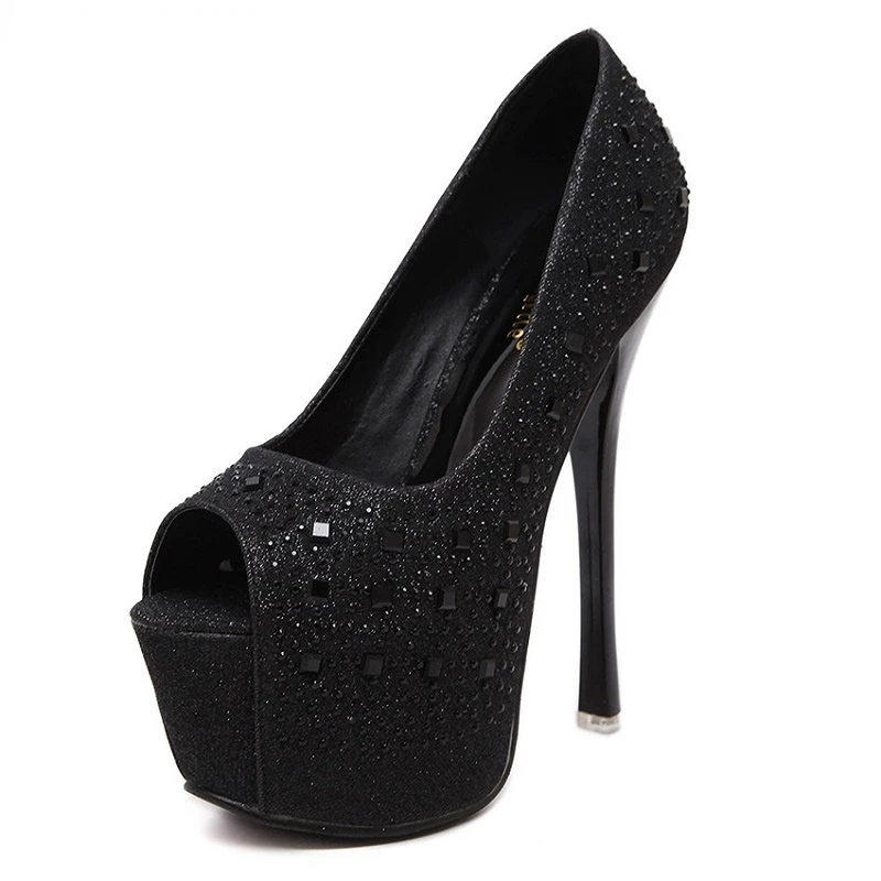 

Sexy High Heels Stiletto Platform Nightclub Single Shoes Shallow Mouth Fish Mouth Rhinestone Women's Shoes Heel Height 16cm