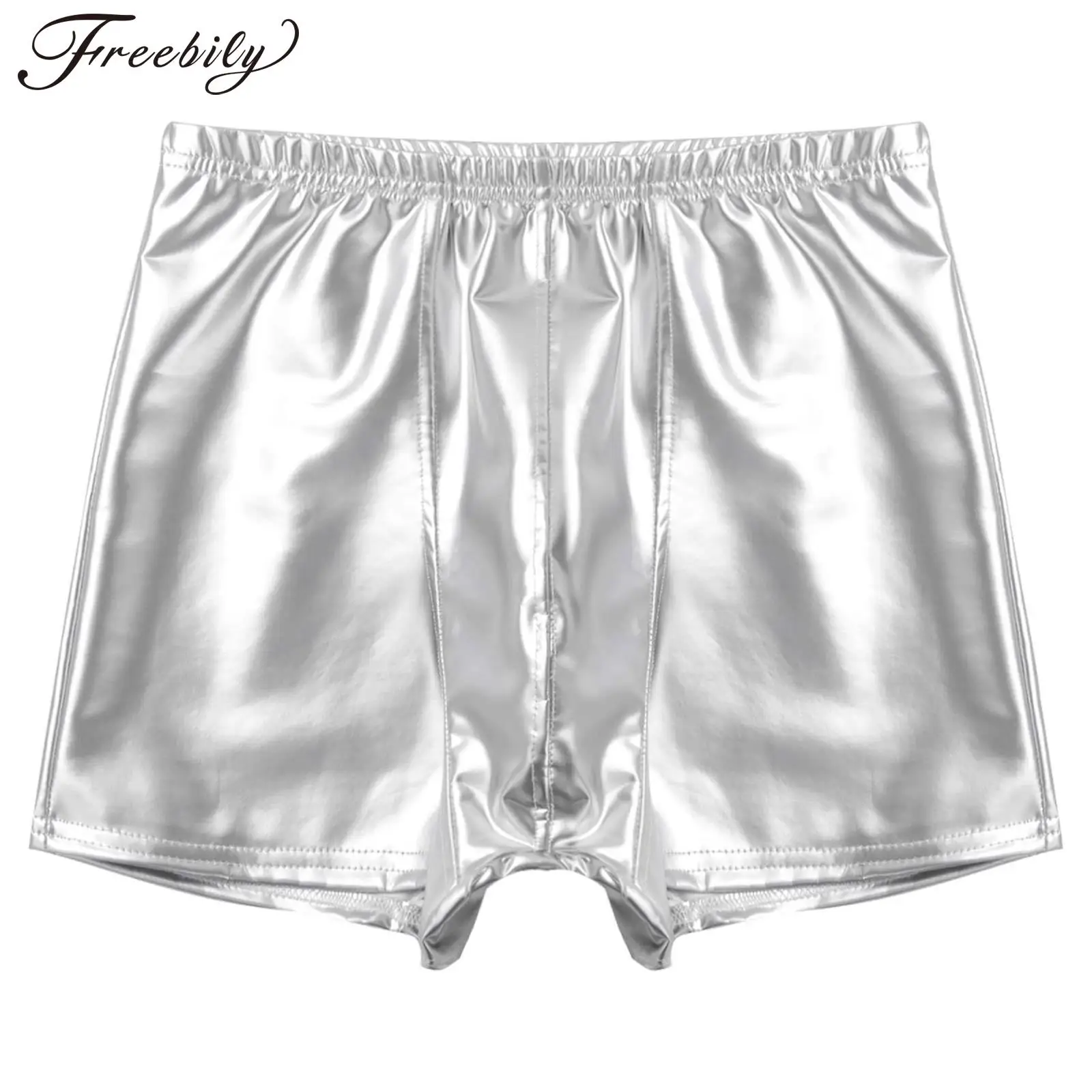 

Mens Pure Sliver Patent Leather Short Boxers Bulge Pouch Elastic Waist Shorts Summer Beach Soft Swimming/Club Dance Wears Pants