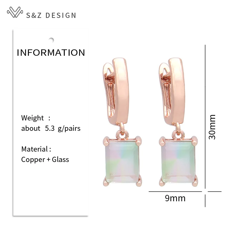 S&Z DESIGN New Fashion Rectangle Imitation Tourmaline Dangle Earrings For Women  Wedding Party 585 Rose Gold Color Jewelry