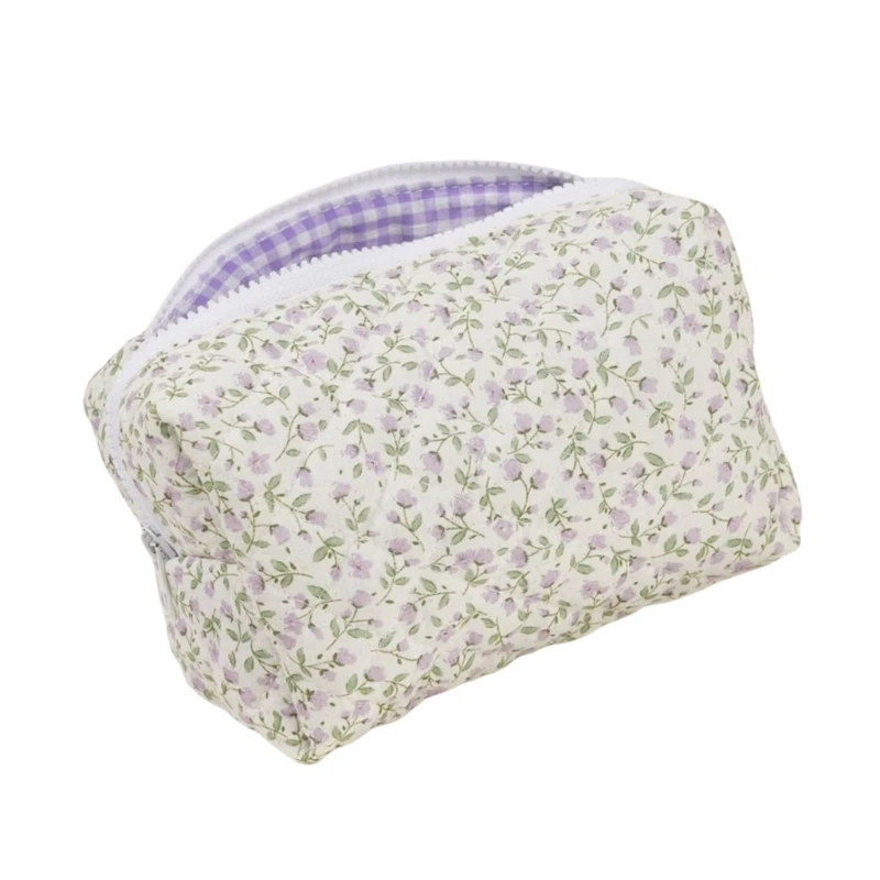 Fashionable Large Cosmetic Pouches Quilted Floral Cotton Toiletry Bag With Zippered Closure Travel Makeup Storage Case
