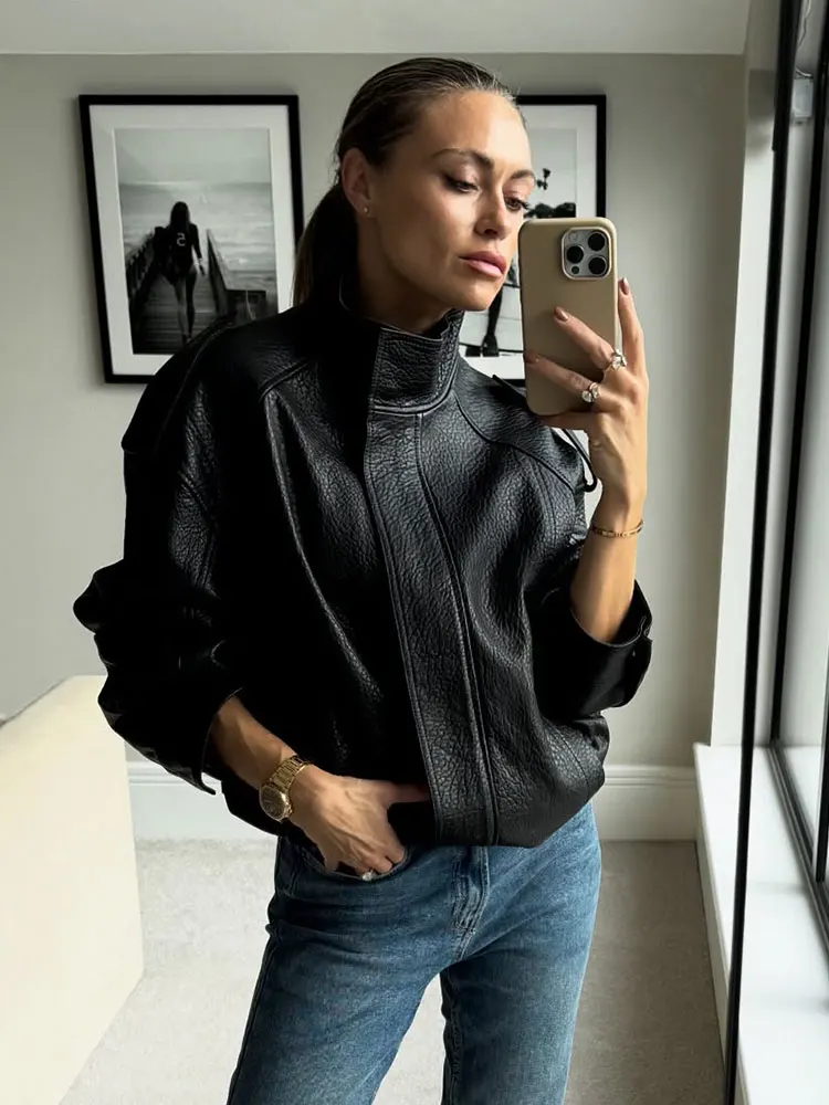 HH Autumn Pu Leather Jacket For Women Fashion High Street Overcoat Jackets Long Sleeve Zipper Coats Winter Casual Lady Outwear