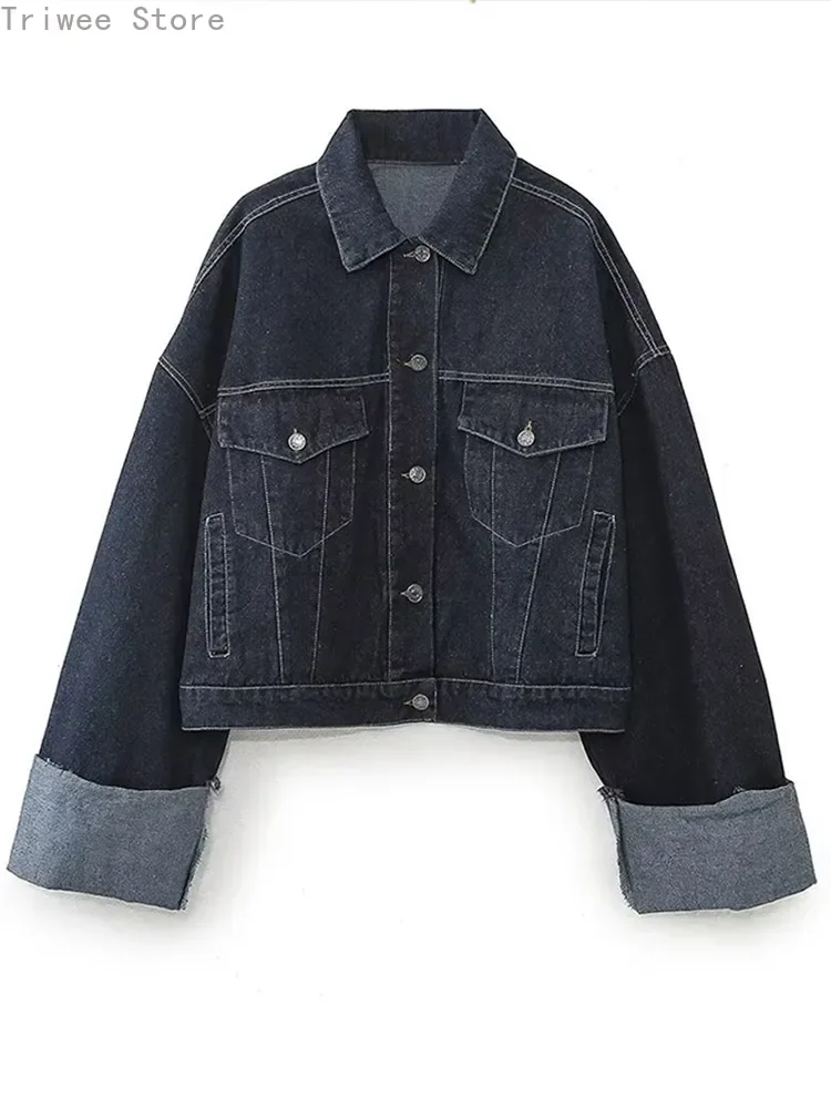 Casual Denim Pant Set for Women Lapel Long Sleeve Single Breasted Jacket Wide Leg Pocket Trouser Lady Streetwear Chic Outerwear 3