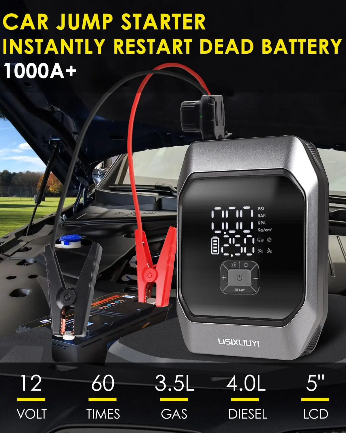 Portable Car Jump Starter with Air Compressor, Tire Inflator 8000mAh Battery Booster for 3.5L Gas /4.0L Diesel Engine 12V