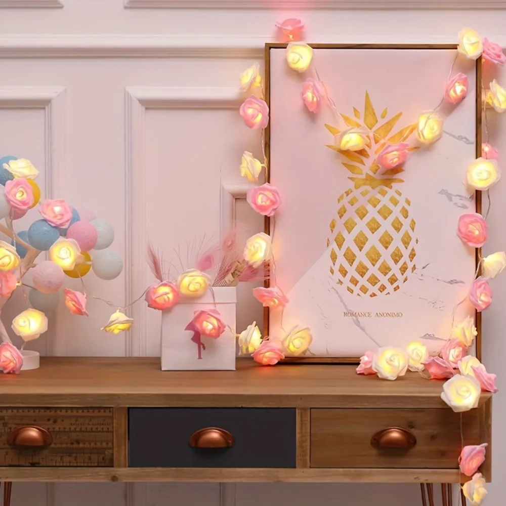 LED String Lights 1pc 2M 10Lights White and Pink Rose For Room Garden Decoration Night Light Without Battery