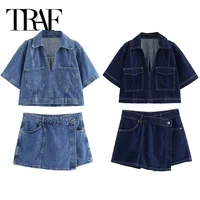 TRAF Blue Denim Shirt Woman Short Sleeve Cropped Shirt Women Summer Short Tops Woman Streetwear Y2k Stylish Women’s Blouse