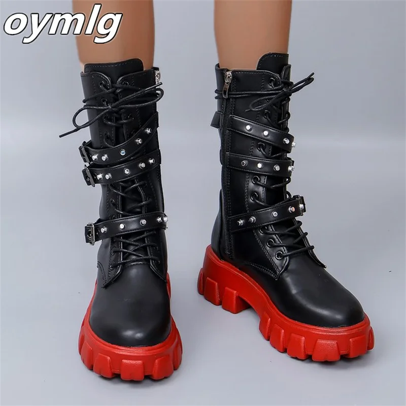 Motorcycle Boots Large Belt Buckle Metal Thick Bottom Side Zipper Fashion Versatile Knight Women's Boots Stock womens shoes