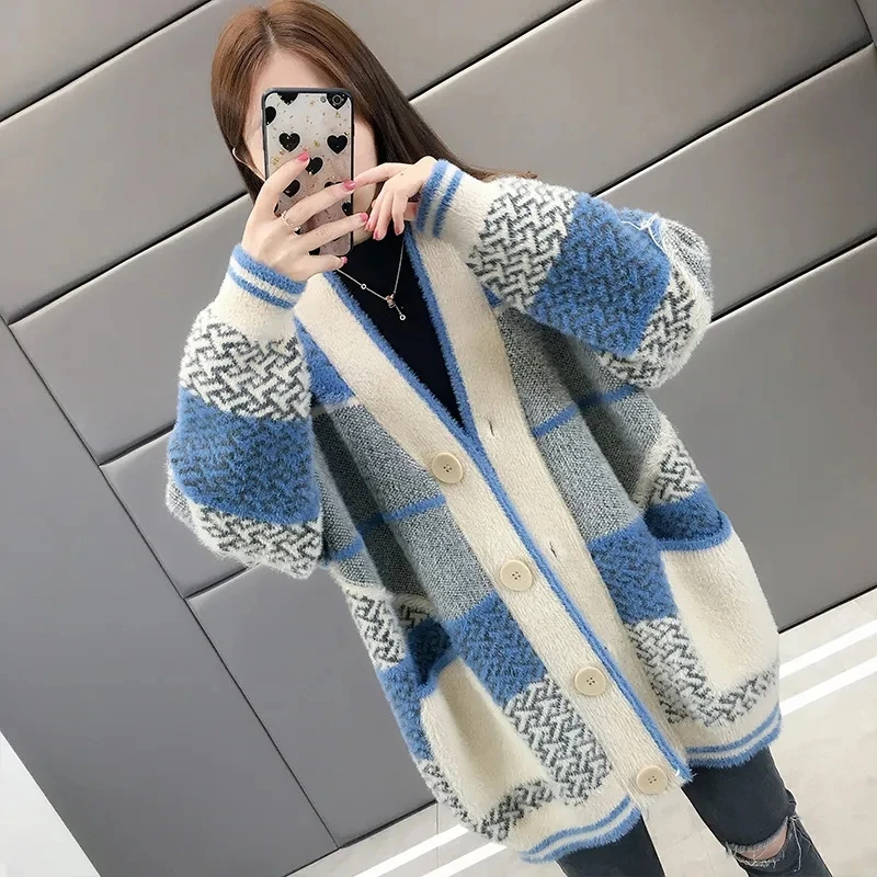 Mink Velvet Knitted Cardigan Jacket Women's 2022 New Loose Ladies Sweater Outerwear Spring And Autumn All-Match Button Jacket