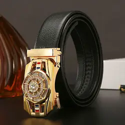 Men's Luxury Leather Belt with Automatic Golden Rhinestone Buckle (Gold 1)