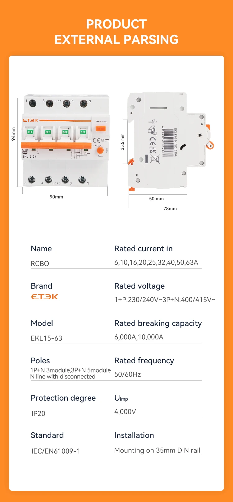ETEC Low Voltage RCBO 4P(3P+N) 30mA A type RCD Overload Short Current Leakage Pr