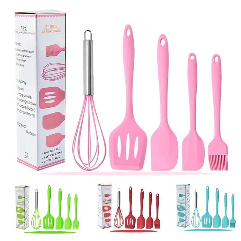 5PCS Silicone Kitchen Cooking Utensils Set Non-Stick Flexible Kitchen Tools With Cake Spatula Whisk Oil Brush And Cooking Shovel