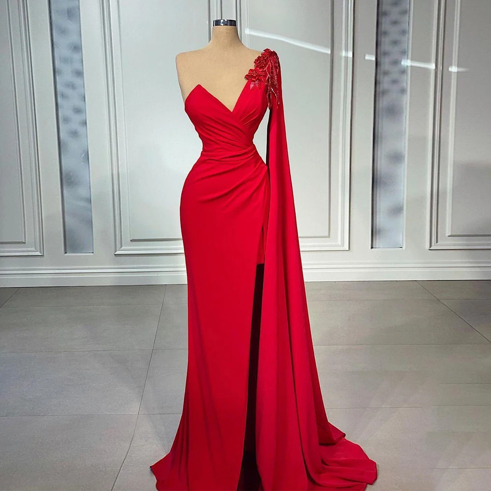 

2022 Evening Dress with 3D Flowers Sexy Asymmetrical Neck Pleat Mermaid Party Gown High Slit Sweep Train Formal Prom Dresses
