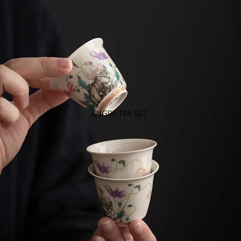 1 Chinese retro handmade ceramic tea cup travel hand-painted flower porcelain tea bowl Kung Fu tea set