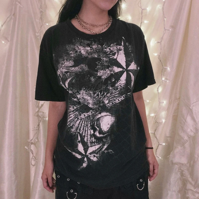 

Футболка с рисунком черепа звезды на Хэллоуин в стиле темной академии, футболки с коротким рукавом, женские пуловеры с коротким рукавом, топы Y2K, винтажная одежда