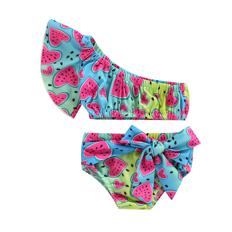 

2022 New Sweet Baby Kids Toddler Swimming Suit Lovely Watermelon Print Ruffles Bikini Set Off Shoulder Bahing Suit Girl's Bikini