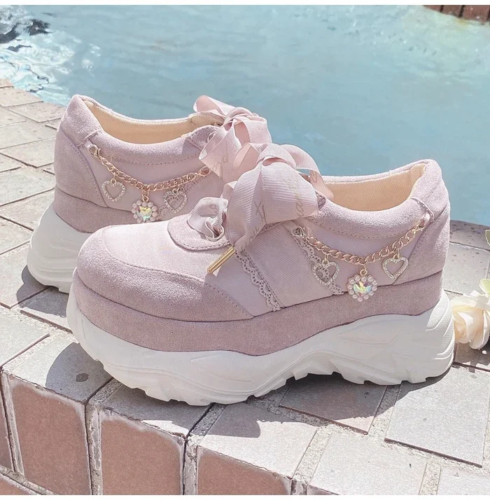 Japanese Style Trendy Liz Sweet Rhinestone Love Chain Cute Platform Mine Series Women's Ribbon Bow Sneakers Girls Sports Shoes
