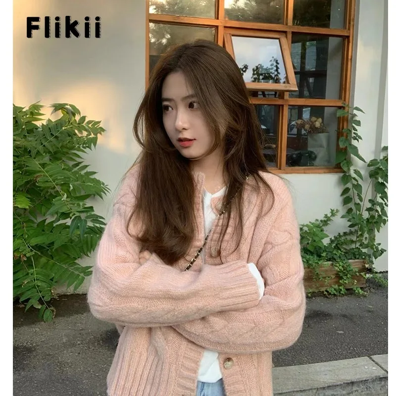 

2023 Autumn Winter Chic Casual V-Neck Knitting Long Sleeve Cardigans Women Sweet Solid Single Breasted Ladies Loose Pink Sweater