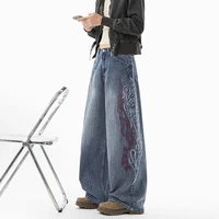 Nouveau jean évasé streetwear Y2K brodé flamme pour homme, pantalon en denim ample et droit style hip-hop Harajuku 1