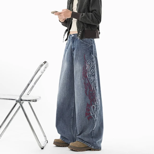 Nouveau jean évasé streetwear Y2K brodé flamme pour homme, pantalon en denim ample et droit style hip-hop Harajuku 1