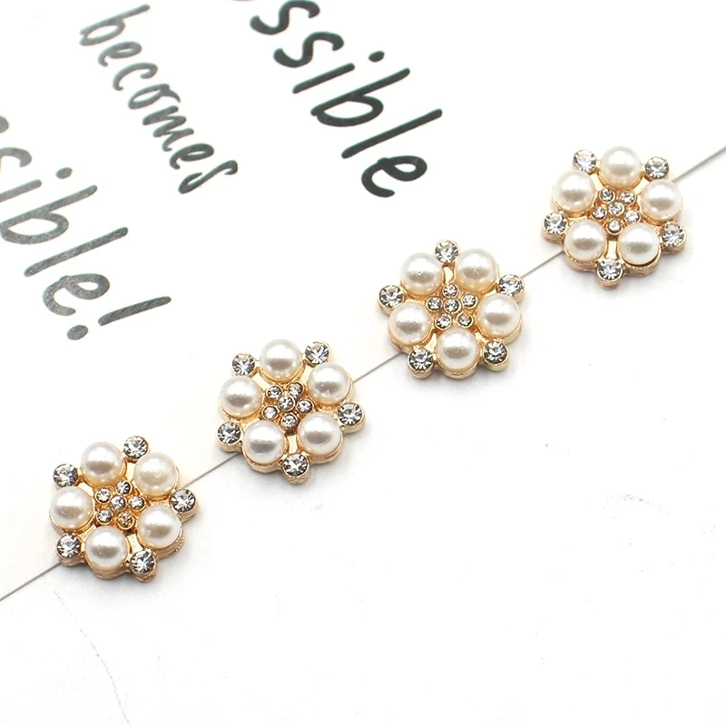 10pcs/Batch Alloy Pearl Flat Bottom Rhinestone Metal Flower Buckle Wedding Decoration DIY Alloy Diamond Crystal Bow Accessories