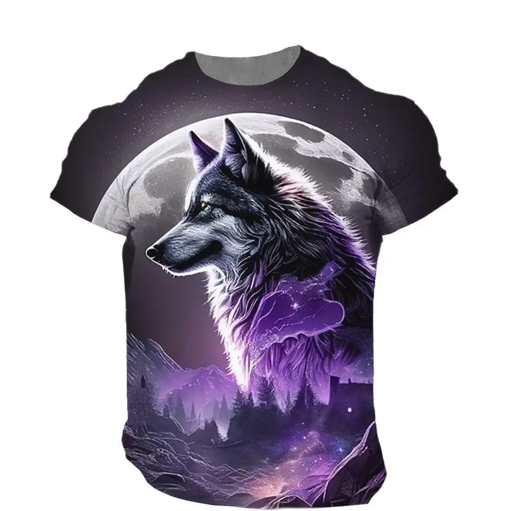 

New Men's T-shirt 3D Cool Animal Print T-shirt Fashion Wolf Pattern Purple Color Contrast Short Sleeve Shirt Casual O Neck T-shi