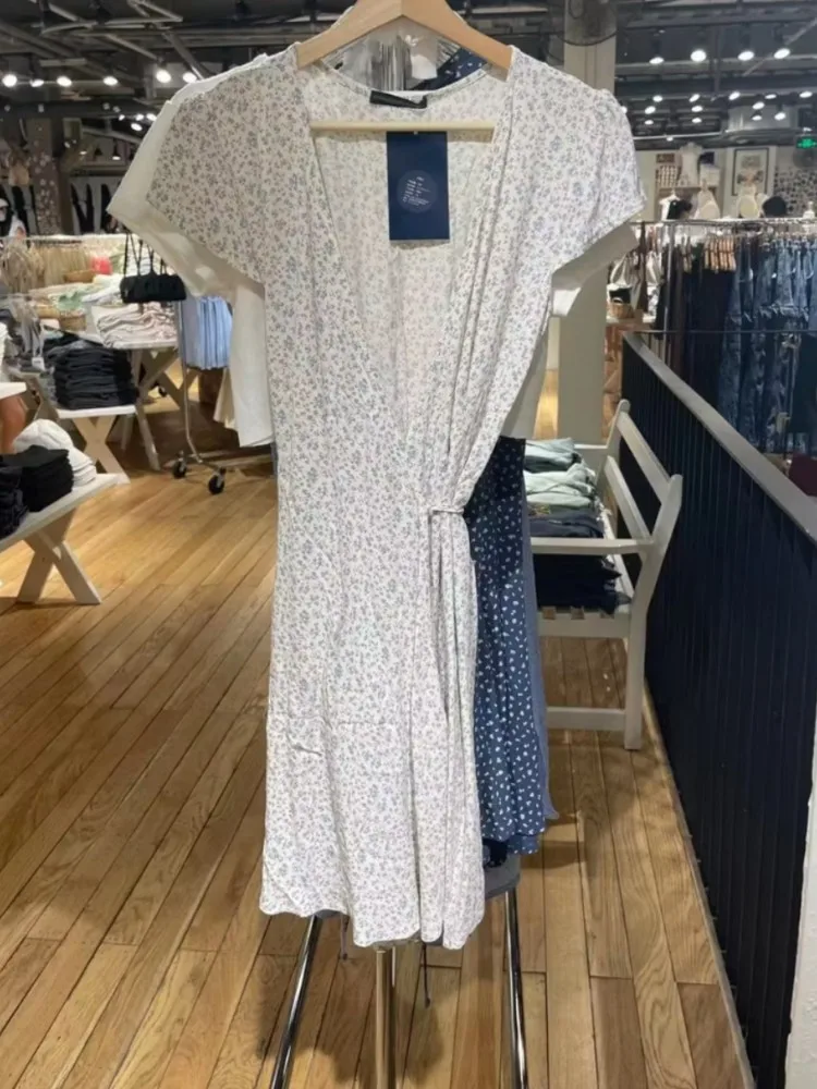 

Casual Women Blue Lace-up Mini Dress Summer Sexy V Neck Short Sleeve Floral Print Dresses Female Vintage Chic A-line Vestidos