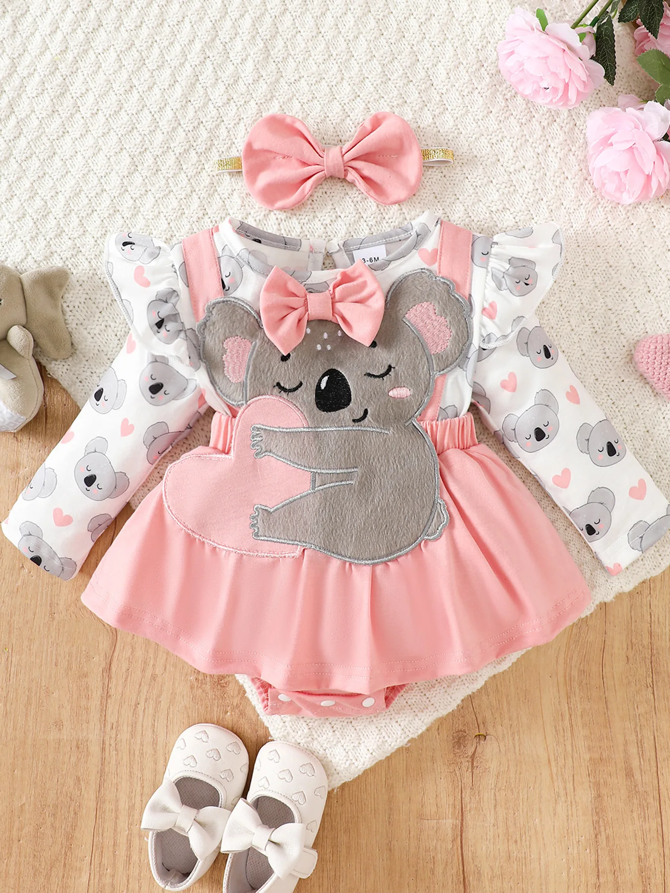 Charming Pink & Gray 3D Koala Tulle Dress with Bow Headband - Ideal for Adorable Photos and Princess Moments