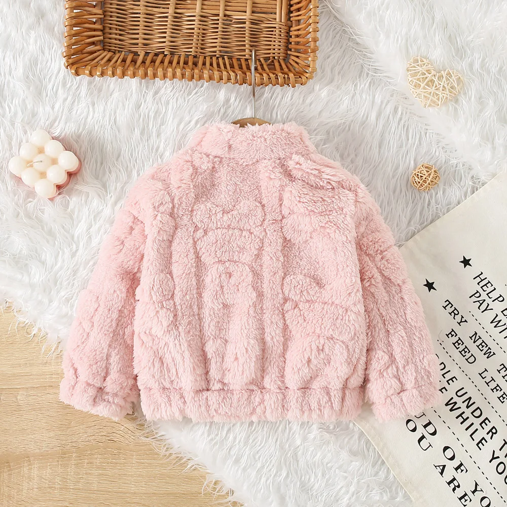 New Winter Girl's Coat Hairy Thick Fleece Jacket Jacket Solid Color Printed Round Neck Zipper Cardigan
