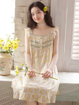 2025 Abito da notte da donna Nuovo pigiama estivo a maniche corte Garza di puro cotone Comodo abbigliamento da casa senza maniche indossabile e traspirante 1