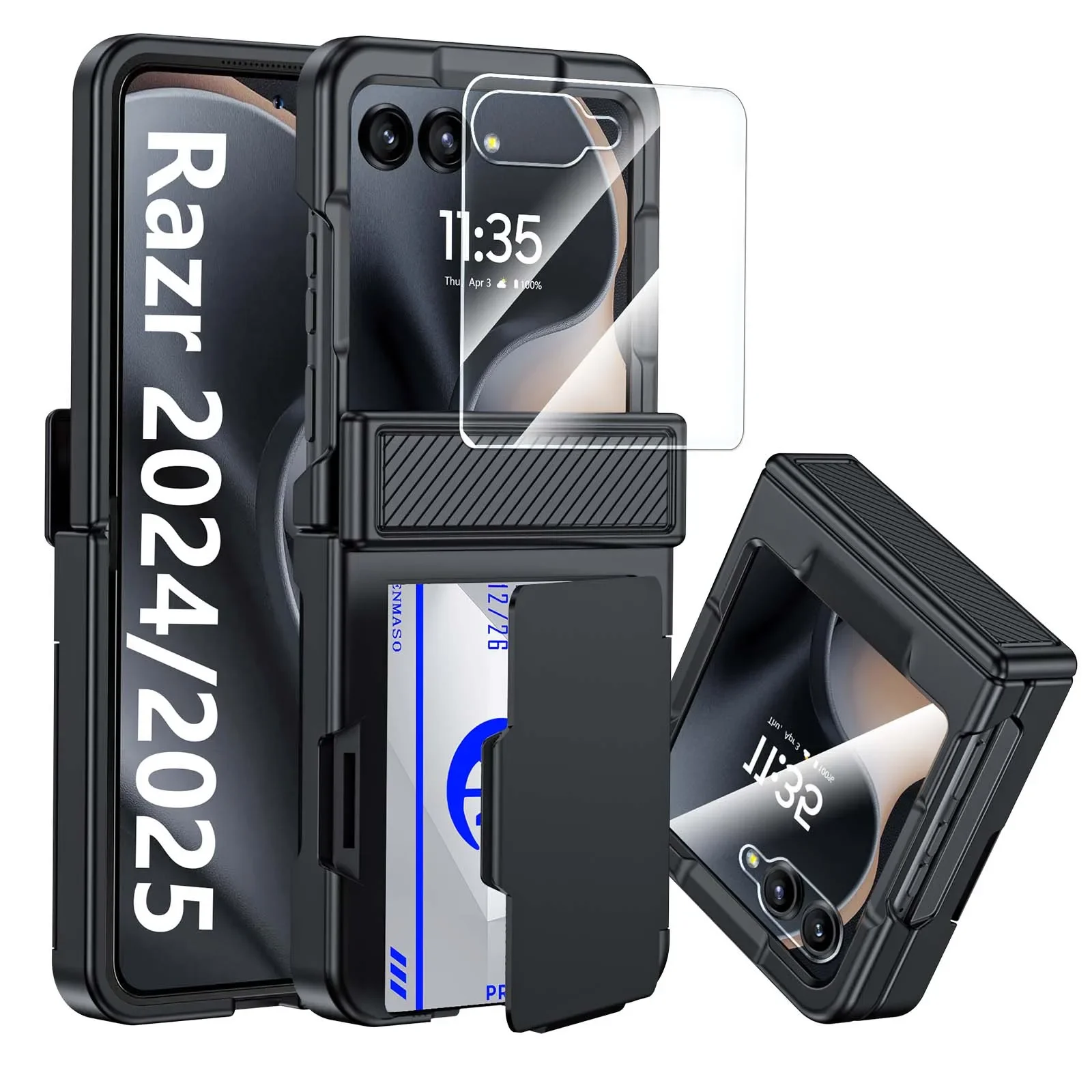 Black Phone Case with Card Clip, Hinge Protection, RFID Shielding, and Screen Protector