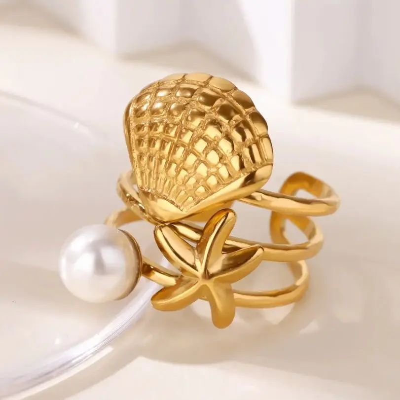 Starfish Shell Pearl Rings For Women Gold Color Stainless Steel Adjustable Ring